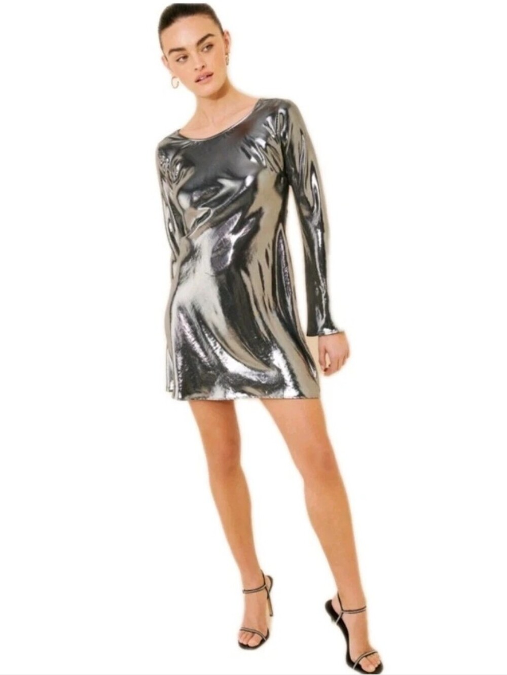 Anthropologie Long Sleeve Pullover Metallic Draped Back Detail Minidress Sz: XS
